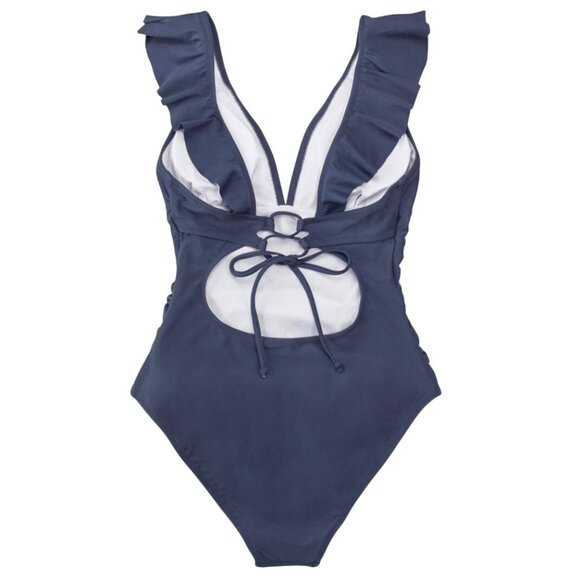 Cupshe Women’s One Piece Swimsuit XL Blue Ruffle V Neck Lace Up Back Tummy Contr - Picture 3 of 7